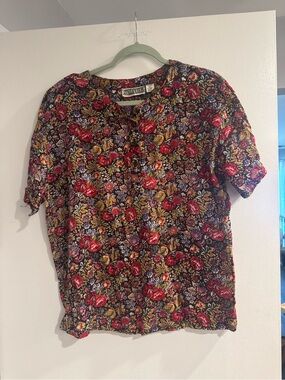 Vintage floral button-front blouse - red, mustard, purple on black